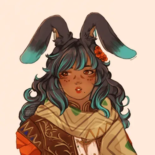 Commission for ashchevalier. A Viera, looking away from the camera and smiling.