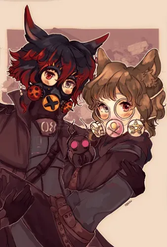 Commission for Morgana. Two Miqo'te in gas masks, holding each other.
