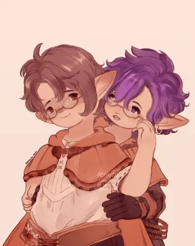 Commission for RaeTheOtter and Renakryik. Two people Lalafell posing together, in love.