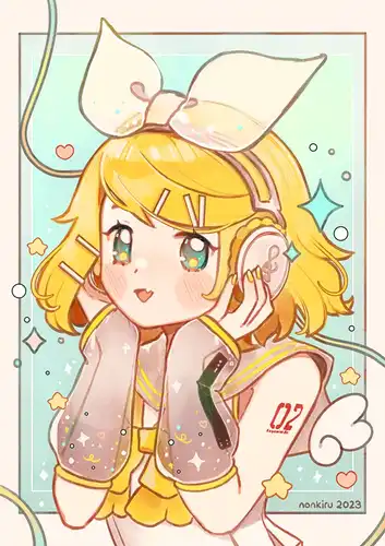 Personal art of Kagamine Rin. She has her hands on her headphones.