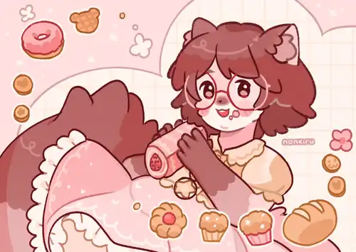 Personal art. An anthro cat holding a strawberry roll, surrounded by baked goods.