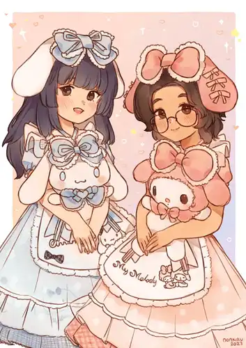 A commission for Olivia. Two girls holding plushies.