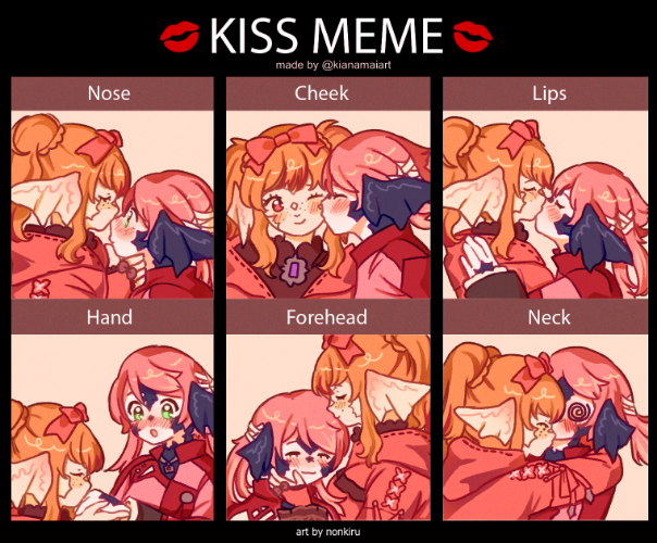 Commission for Adam. A kiss drawing meme, with 6 different poses. Each panel has two characters, one with orange hair in pigtails, and the other with pink hair