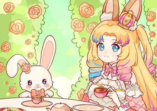 Commission art for Himetokki. A drawing of a girl having a tea party with a bunny.