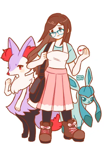 Gift for Porcupie506. A Pokémon trainer posing with a Braxien and a Glaceon.