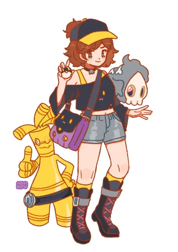 Gift for Zombiejynx. Pokémon trainer posing with a Gholdengo and a Duskull.