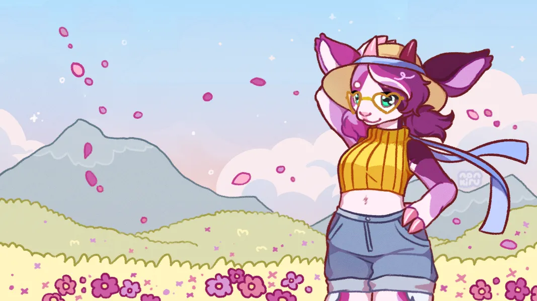 Commission for Mooeena. An illustration of an anthro goat, standing in a meadow.