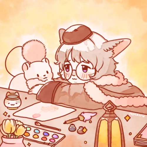 Personal art. A Miqo'te resting on their desk with their companion.