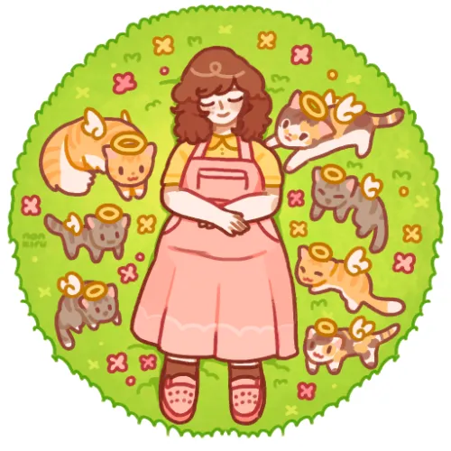 Personal art. A person lies in a grass bed surrounded by kitty angels. I love you!