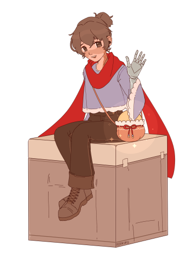 Lancer image. A Lancer OC with a red scarf sitting on a box.