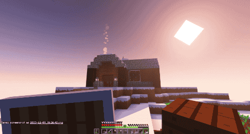Minecraft screenshot 8. A goat on top of a home.