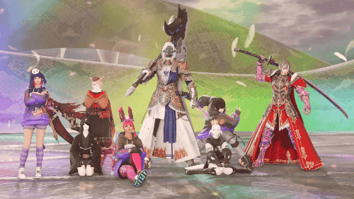 FFXIV image 1. A group pose of 8 people celebrating.